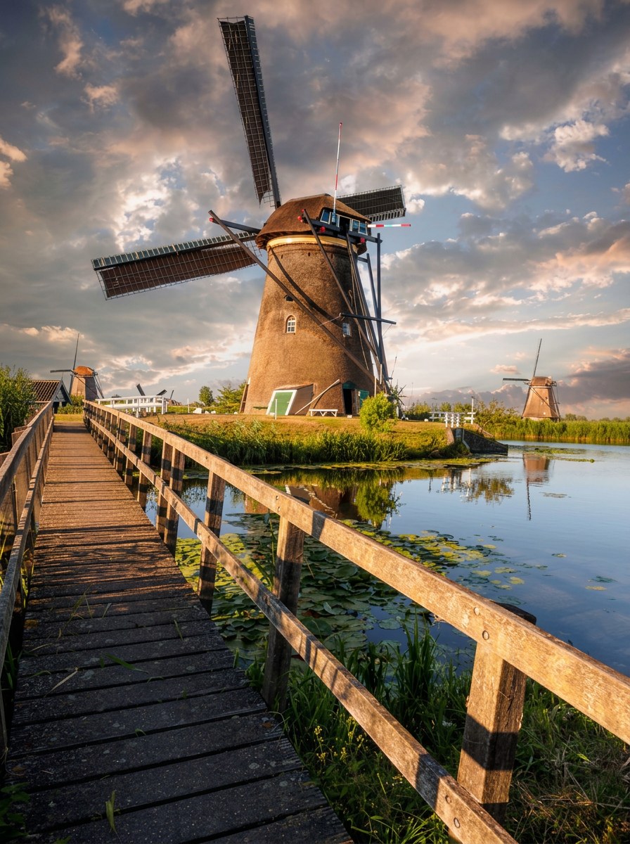 Kinderdijk windmill at golden hour reflected in the canal beside a wooden boardwalk