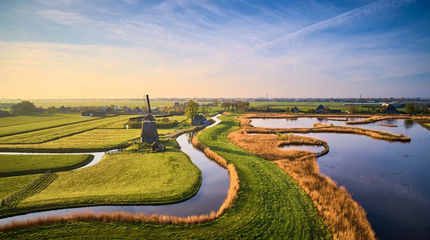 Aerial view of a Dutch polder windmill beside winding canals at sunrise