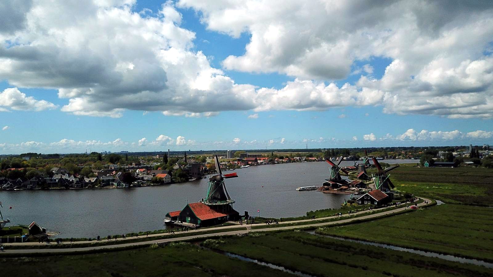 Aerial view of the Zaanse Schans windmills along the river Zaan