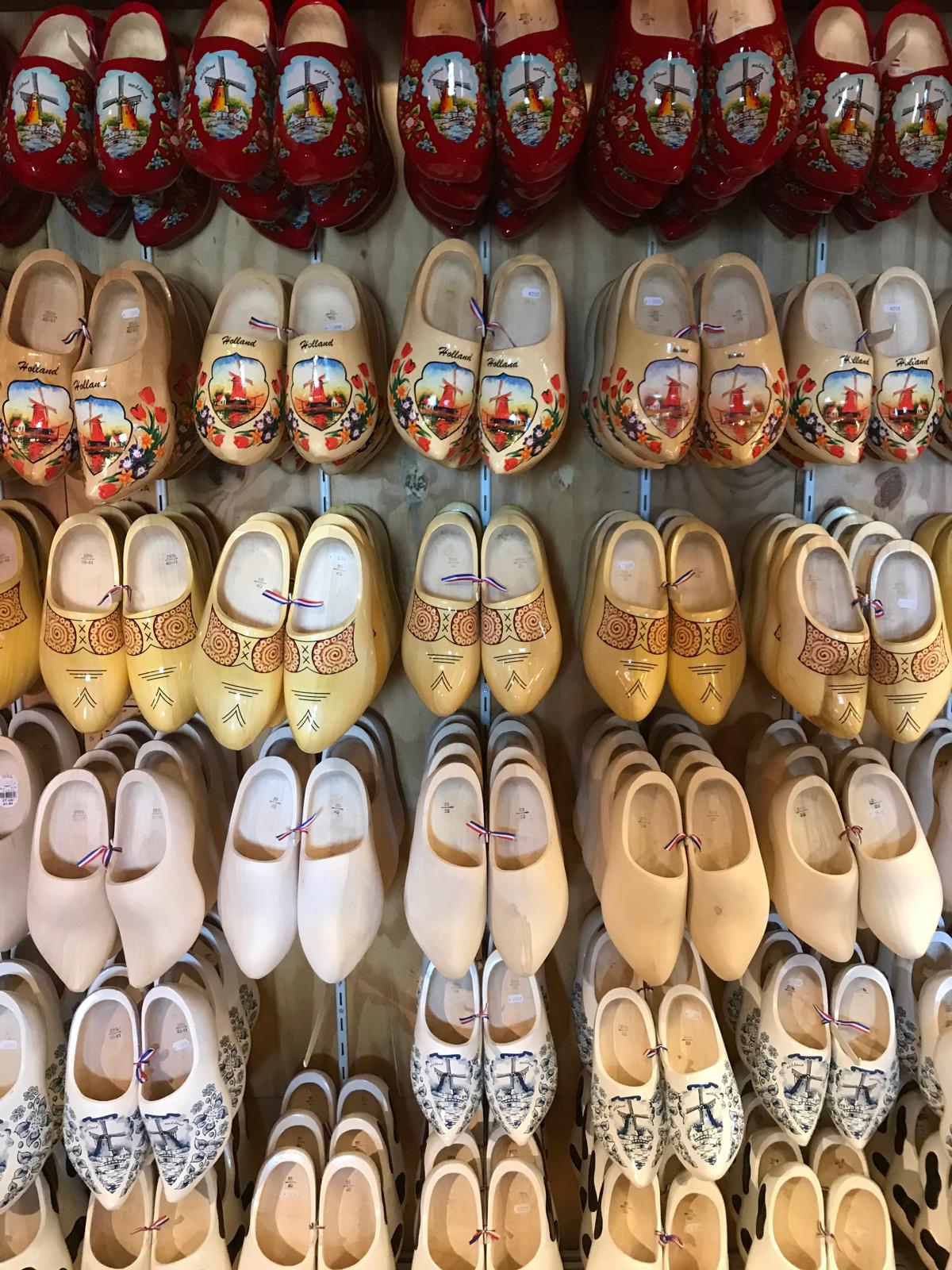 Wall of hand-painted traditional Dutch wooden clogs at the Zaanse Schans clog workshop