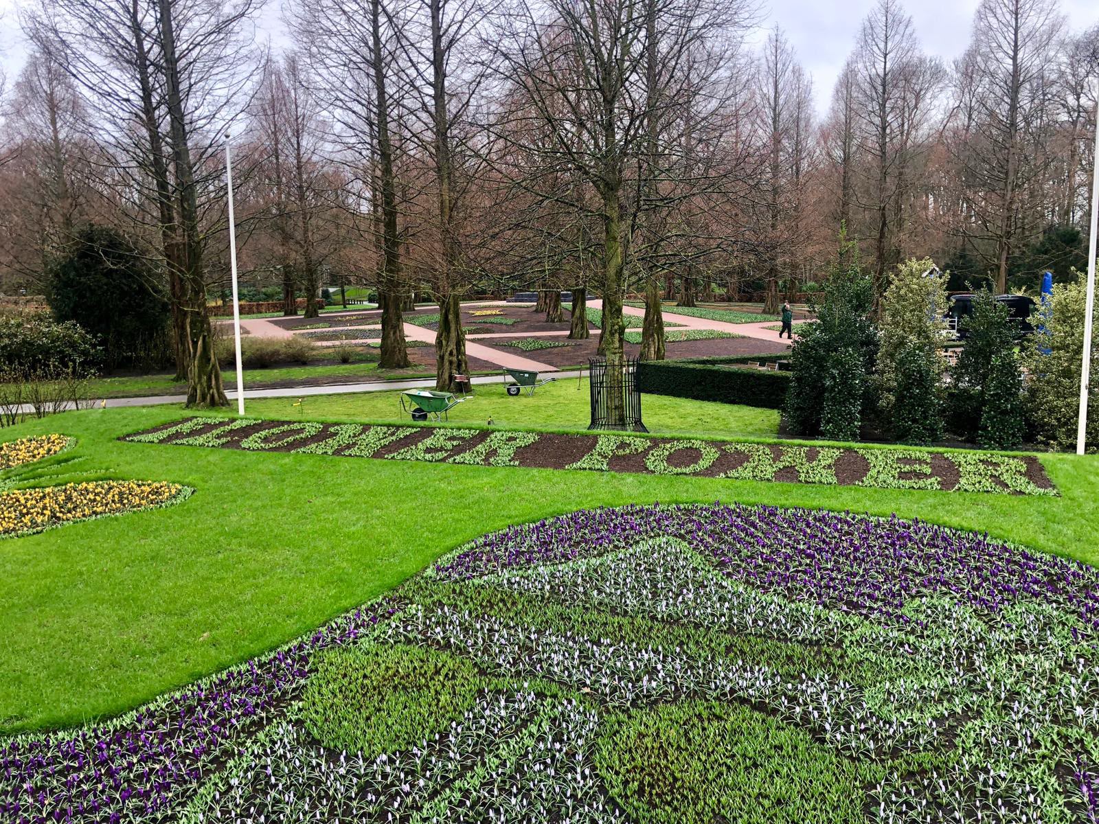 Spring garden display spelling FLOWER POWER with bedding plants at Keukenhof