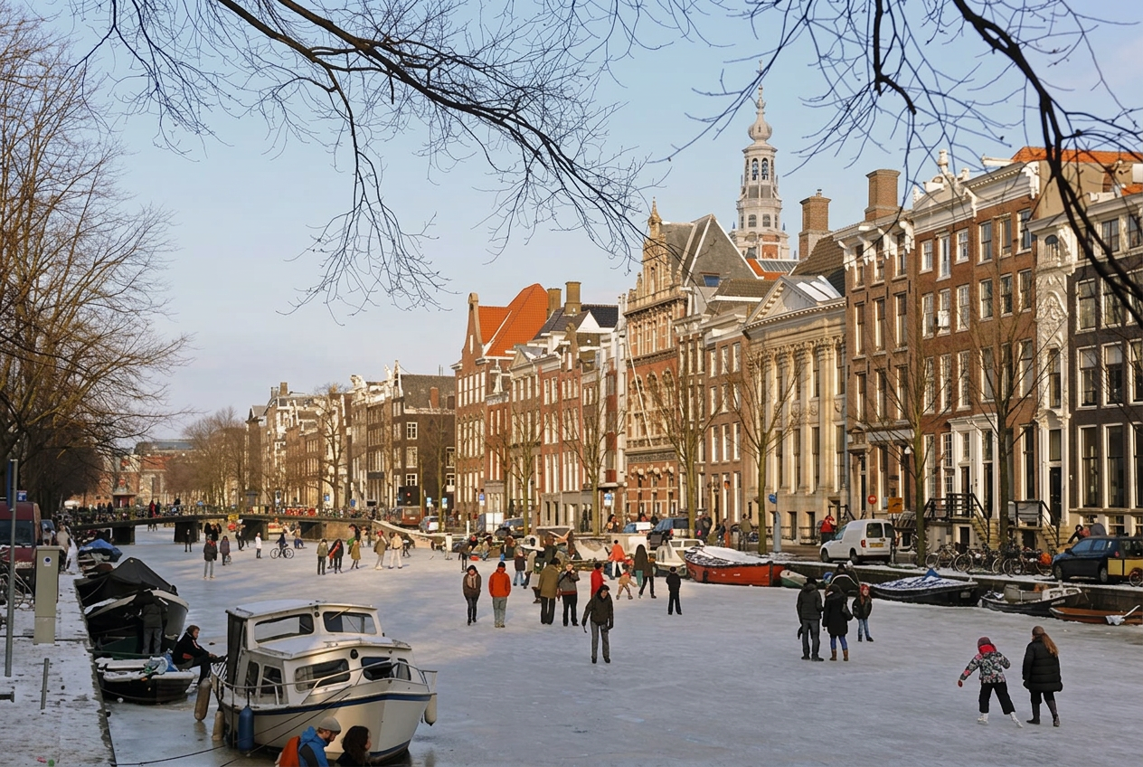 Locals ice skating on a frozen canal beside historic Amsterdam houses