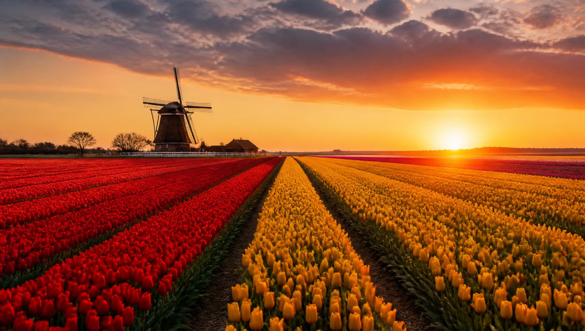 Dutch tulip fields and a windmill at sunset
