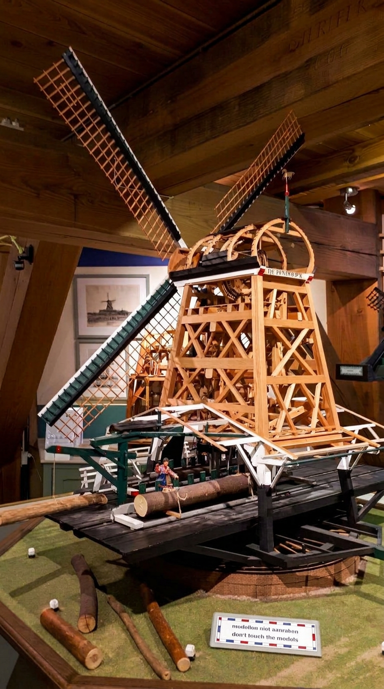Detailed wooden model of a traditional Dutch sawmill inside a windmill museum