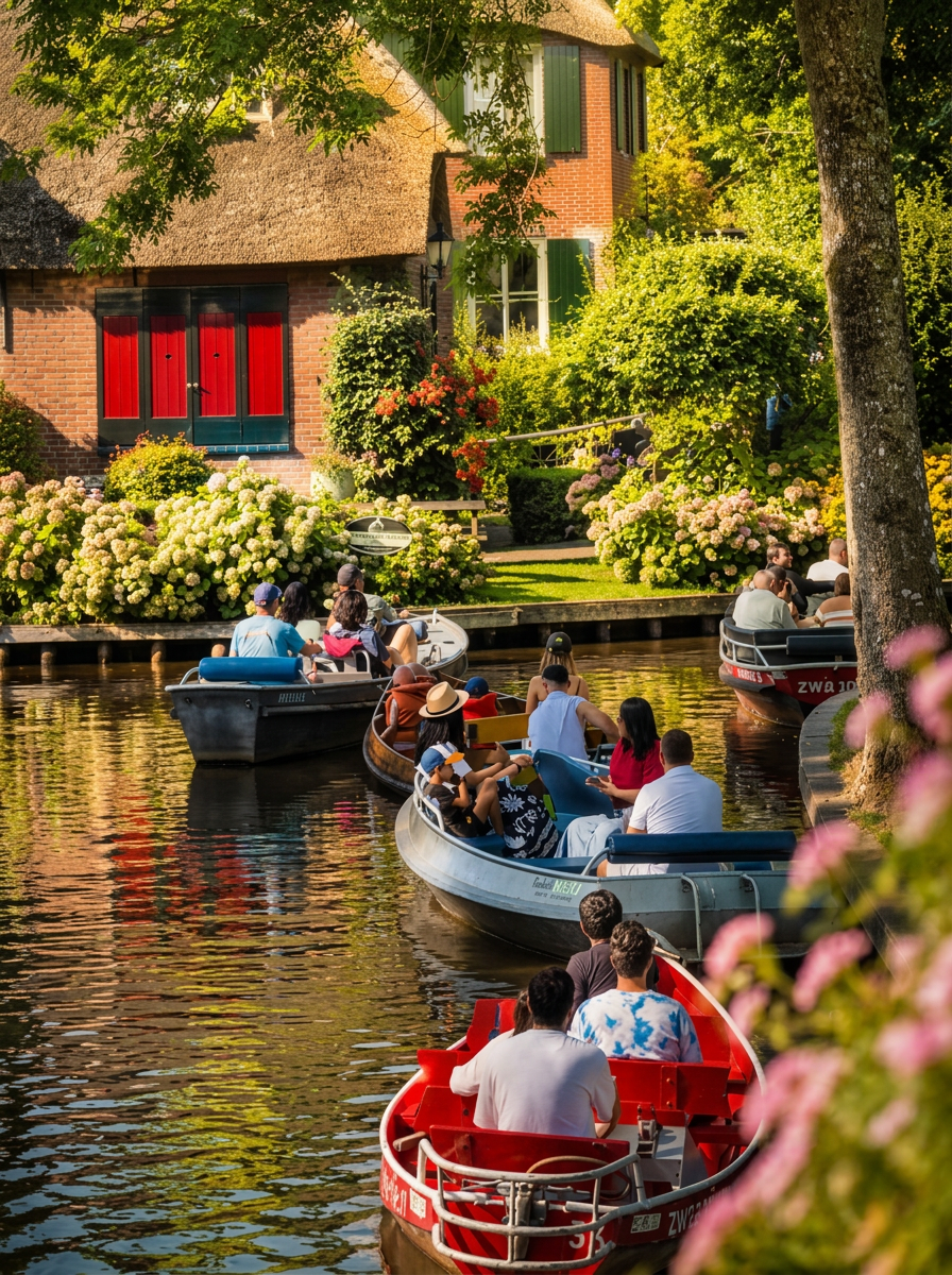 Narrow Giethoorn canal with tourist boats beside a thatched cottage with red shutters