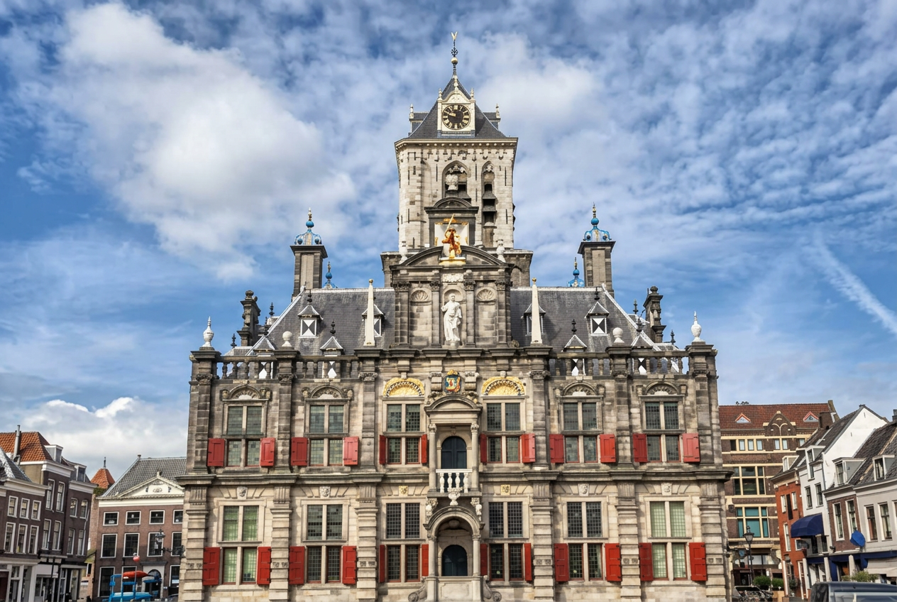 The ornate Renaissance city hall on Markt square in Delft