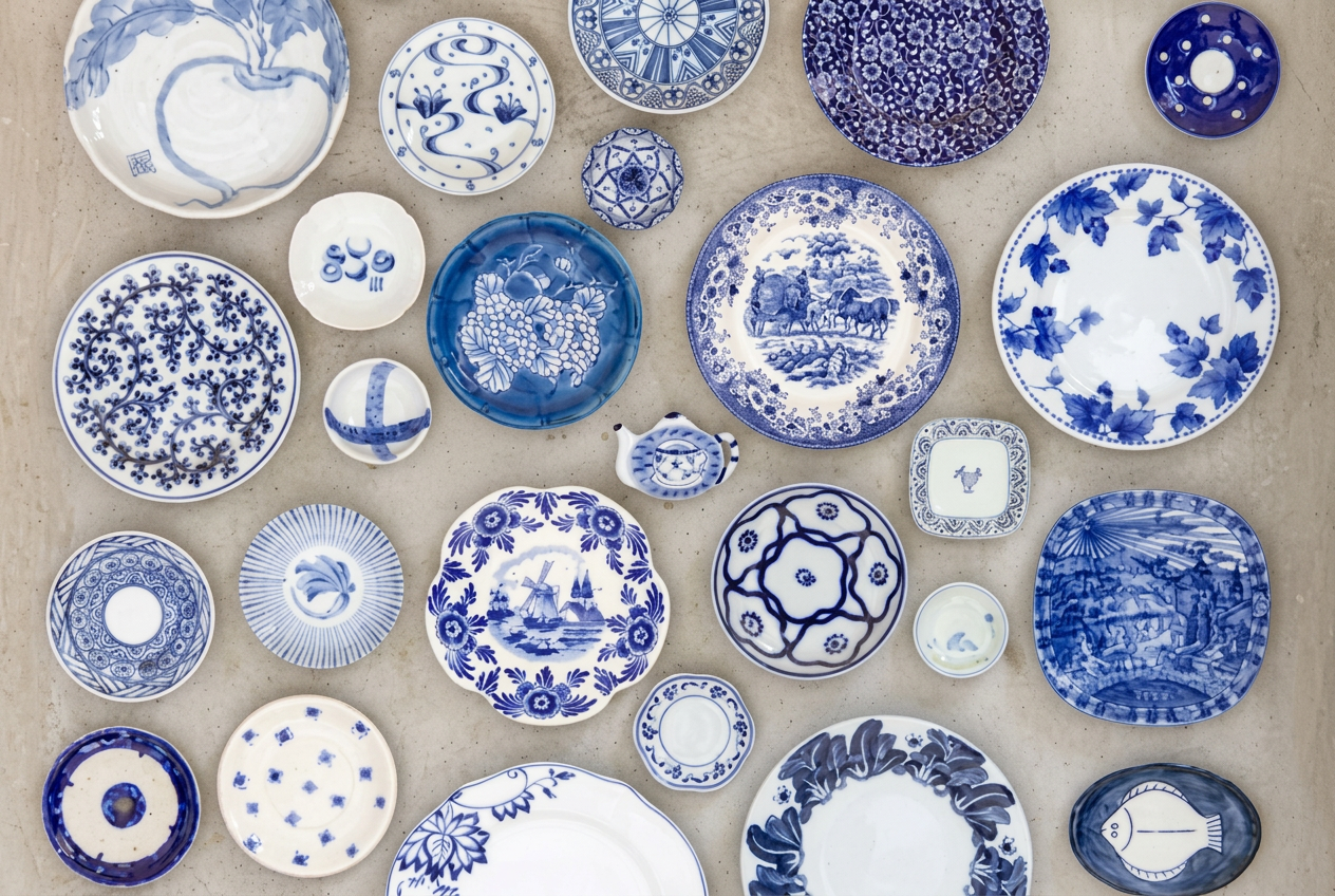 Collection of blue and white Delftware plates arranged on a wall