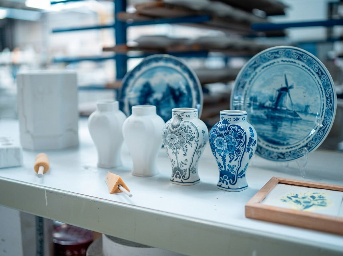 Hand-painted Delftware vases and a decorative plate in a pottery workshop