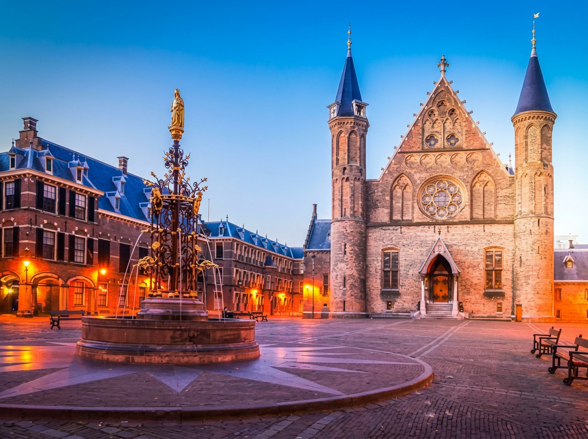 The Ridderzaal and historic fountain illuminated on the Binnenhof square in The Hague