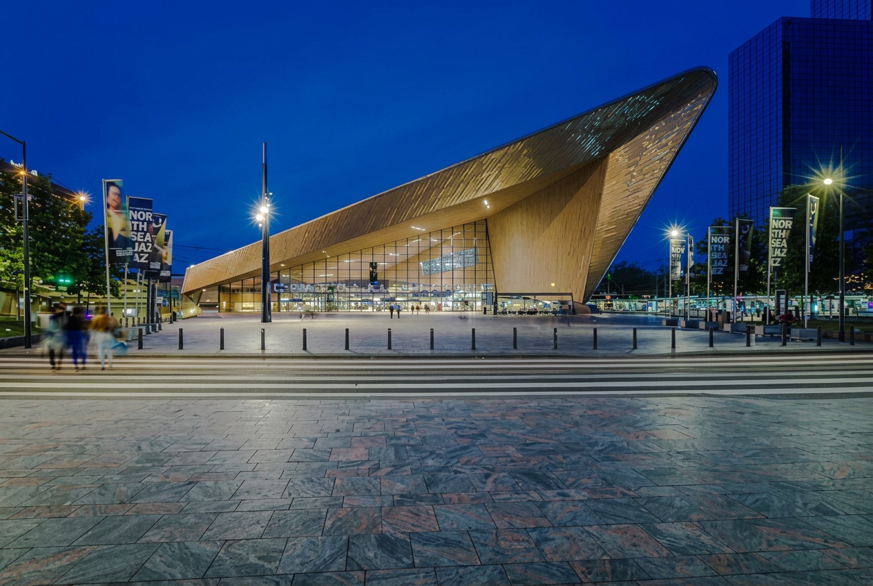 Modern angular entrance of Rotterdam Centraal station at night