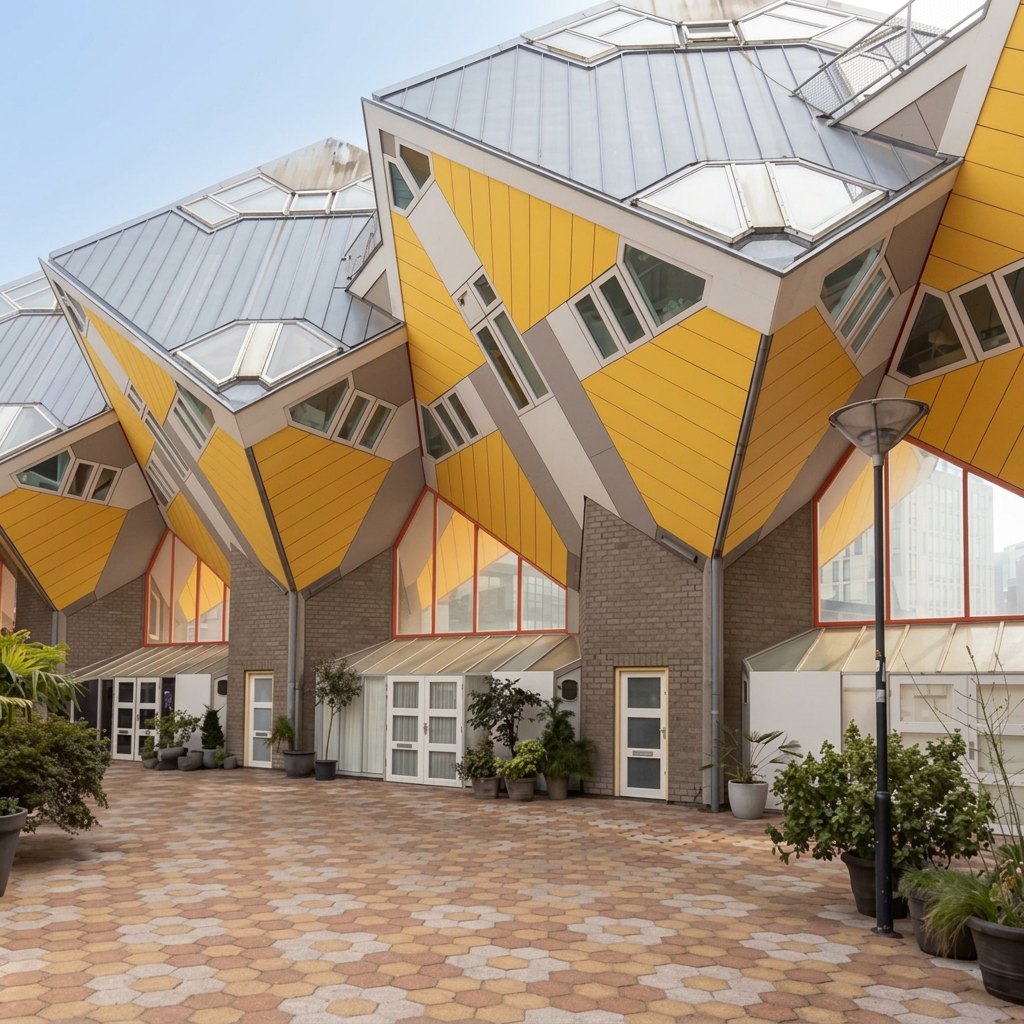 Bright yellow Cube Houses viewed from their raised courtyard in Rotterdam