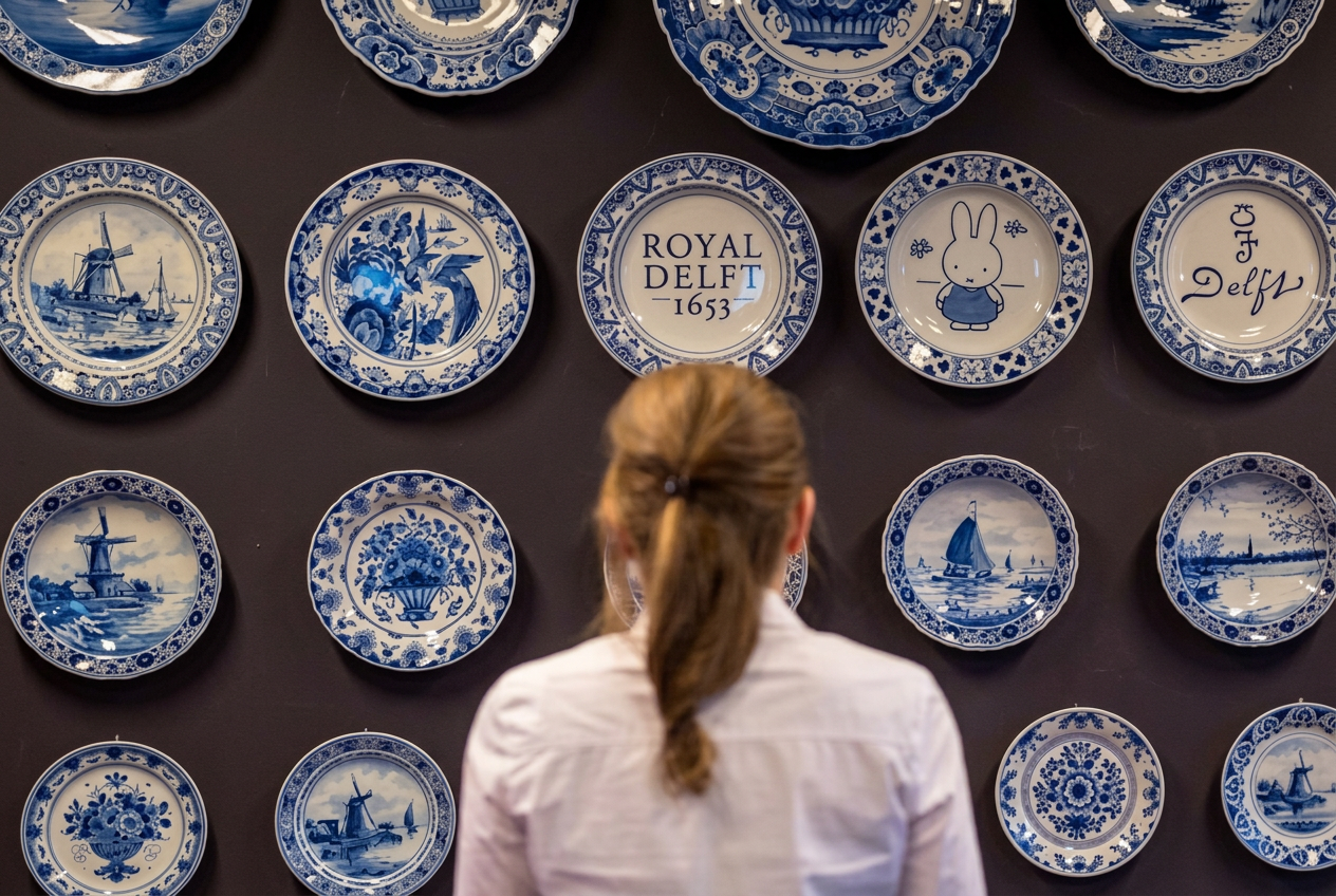 Visitor viewing a wall of hand-painted Royal Delft plates