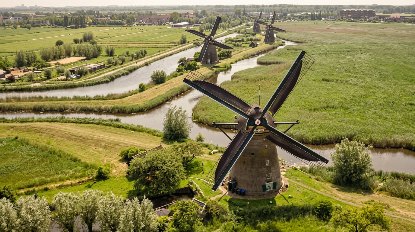 Aerial view of several Kinderdijk windmills along winding waterways