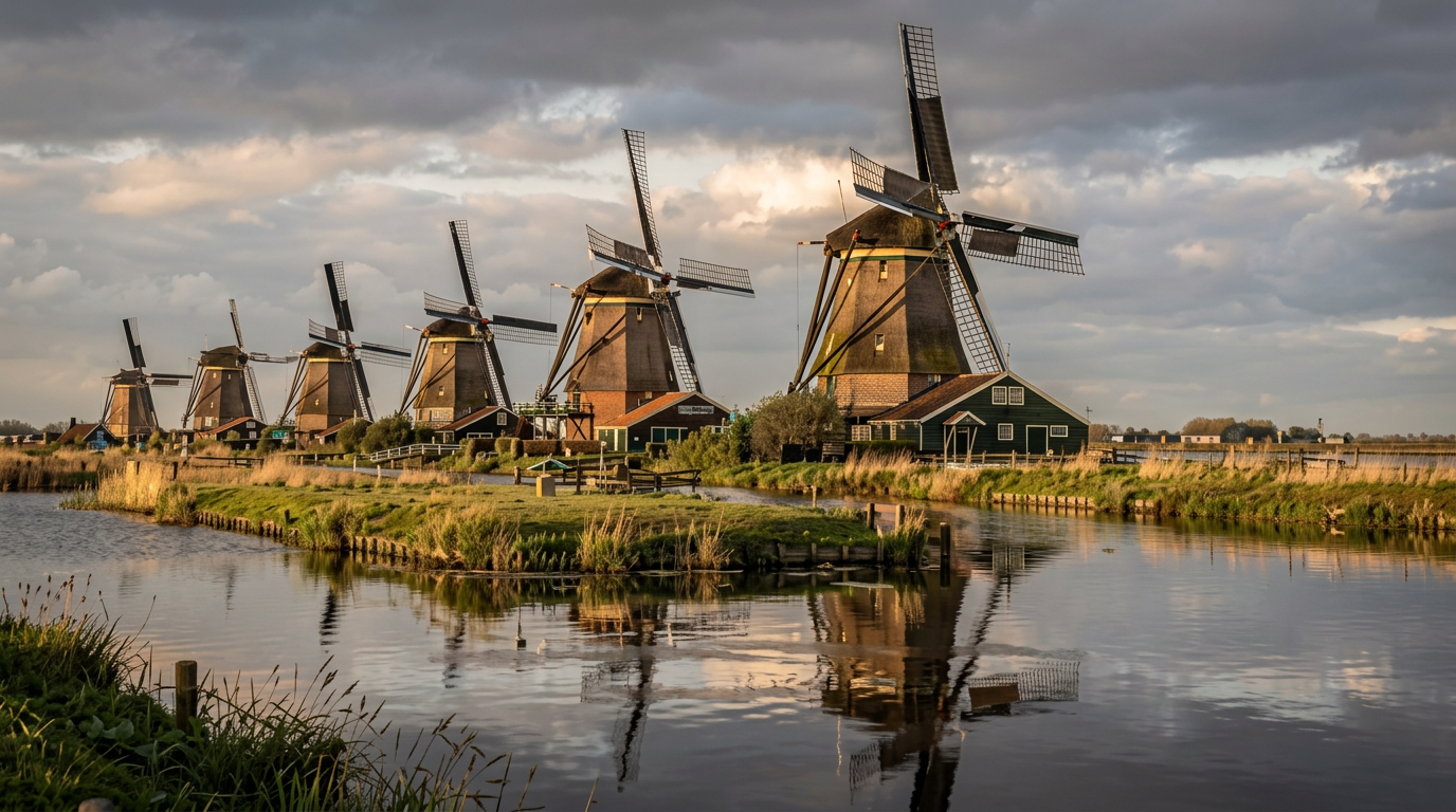 Row of Kinderdijk windmills reflected in the canal under a cloudy sky