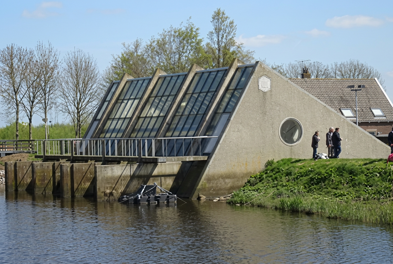 Kinderdijk's modern pumping station beside the water
