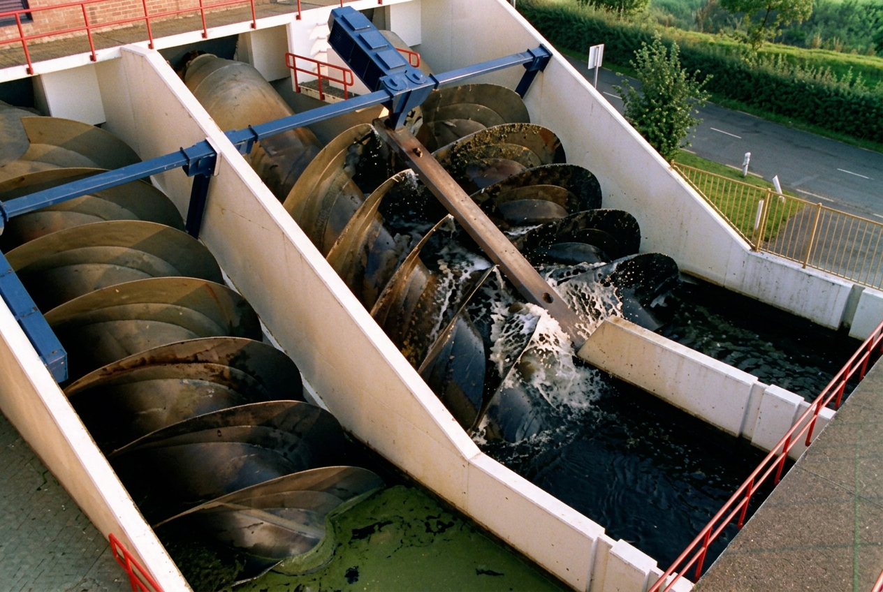 Twin screw pumps moving water beside a canal at Kinderdijk
