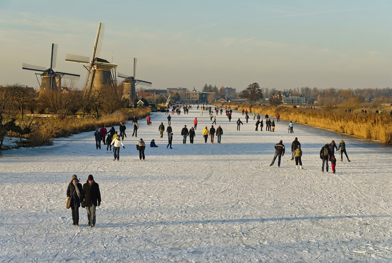 Skaters on the frozen Kinderdijk canal with windmills in the background