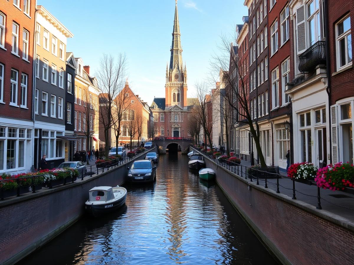 Narrow Amsterdam canal lined with flower boxes and a church tower behind