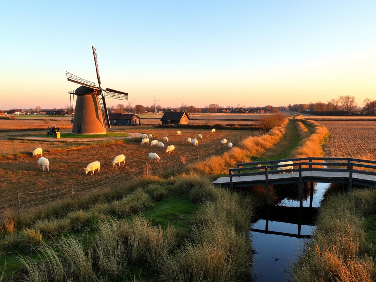 Dutch polder landscape with a windmill, grazing sheep and a wooden bridge