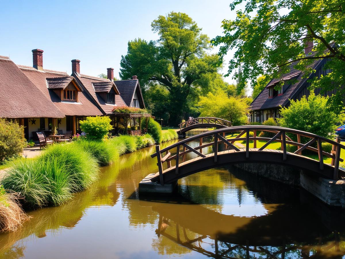 Thatched cottages and a wooden footbridge over a canal in Giethoorn