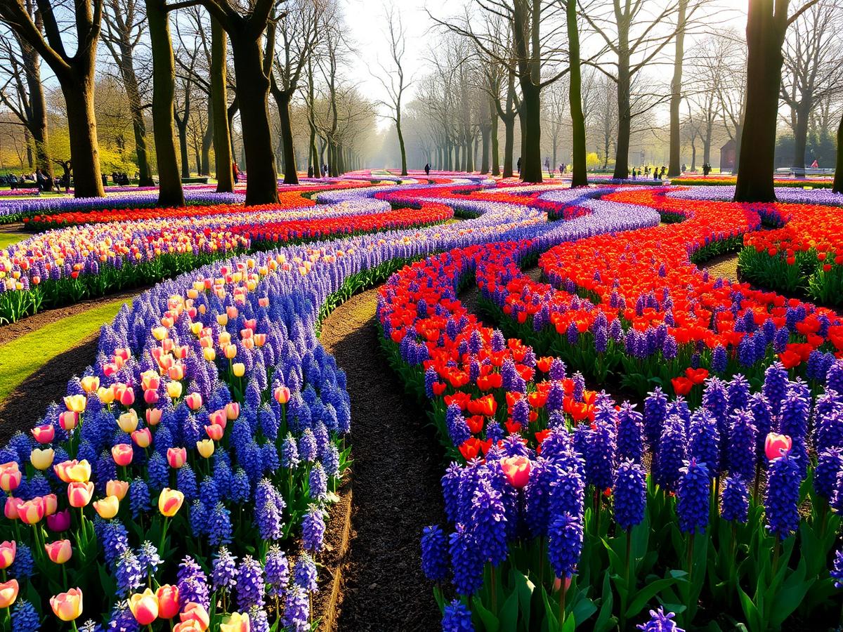 Curved flowerbeds of tulips and hyacinths at Keukenhof gardens in spring