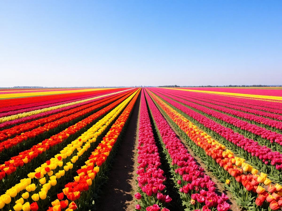 Rows of red, yellow and pink tulips stretching to the horizon under blue sky