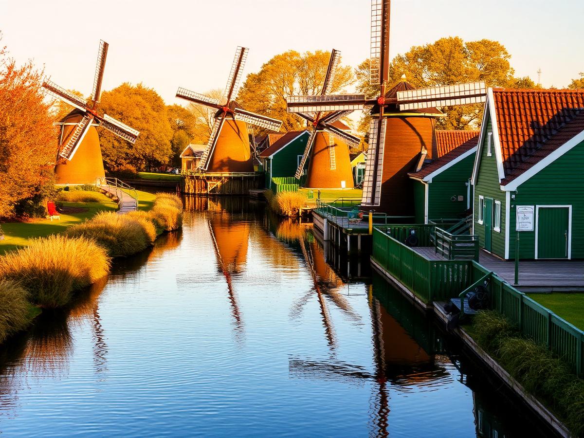 Windmills reflected in a canal at Zaanse Schans in warm afternoon light